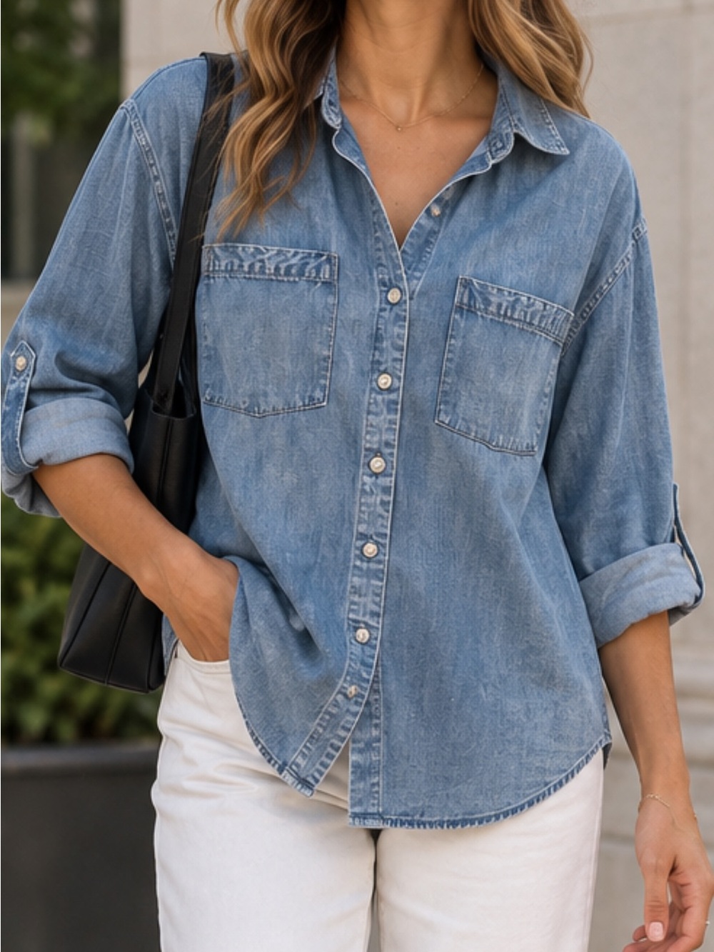 Jane + Delancey Light Blue Denim Button-Up Shirt - Women's Casual Top L